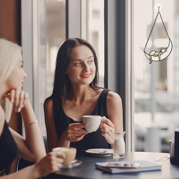 Yellow Cat Decor On Blue Moon Stained Glass for Window, Crystals Suncatchers for Window Ball Prism Rainbow Maker Chain Easy Hanging 2 Balls and 1White Gift Boxes for Cat Lovers Halloween Decor