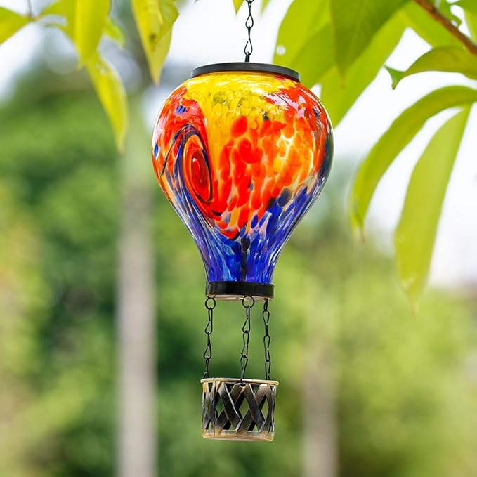 Starsoul Solar Hot Air Balloon Lantern with Flame Tie-Dye Style Hot Air Balloon Lamp Glass Outdoor Solar Hanging Lantern Waterproof for Garden Yard Patio