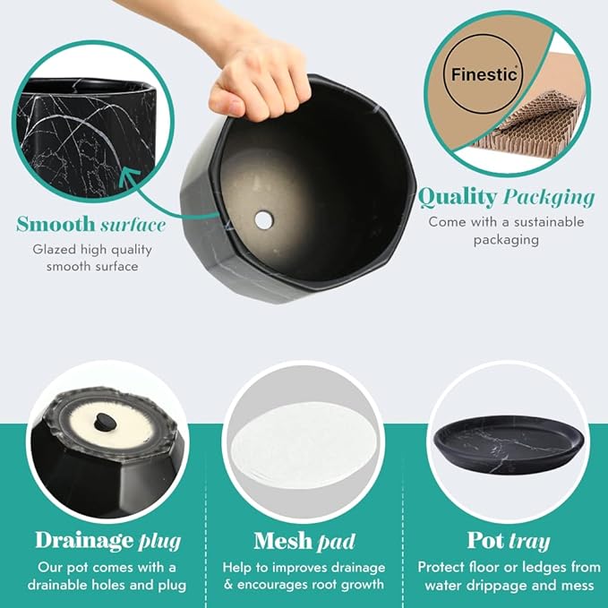 Large Marble Black Plant Pot with Drainage Holes and Saucers, Ceramic Pots for Indoor Outdoor Plants, 7 Inch Premium Hand Glazed Planters for Flower, Garden, Succulent, Nursery, Home Decor