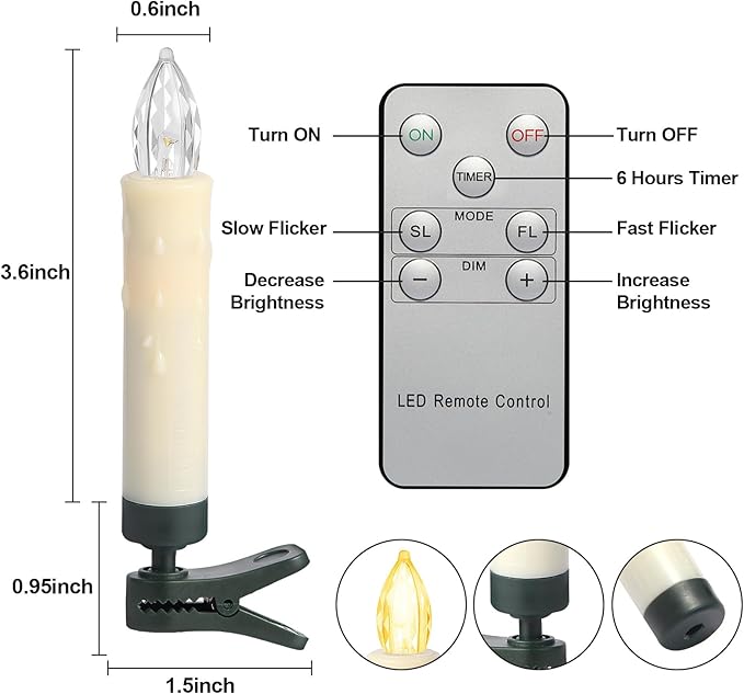 LED Christmas Candles, Flickering Clip on Candles for Christmas Tree, Battery Operated with Remote Timer, Warm White Light, Flameless Taper Candles for Home Christmas Decor, Set of 20