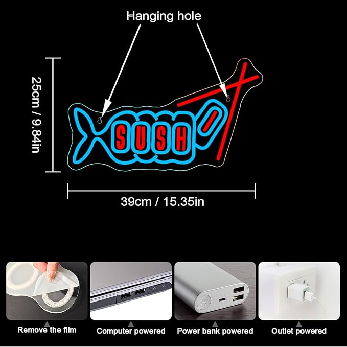WLHOPE Sushi Fish Neon Sign Neon Signs for Wall Decor Dimmable Sushi Blue Pink Neon Lights LED Sign for Sushi Shop Restaurant Hoom Kitchen Party