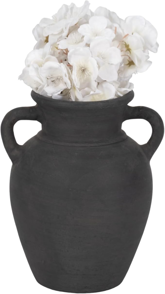Sagebrook Home Black Boho Terracotta Vase - Amphora-Style Decorative Flower Holder for Home, Office & Living Room - 9" Black