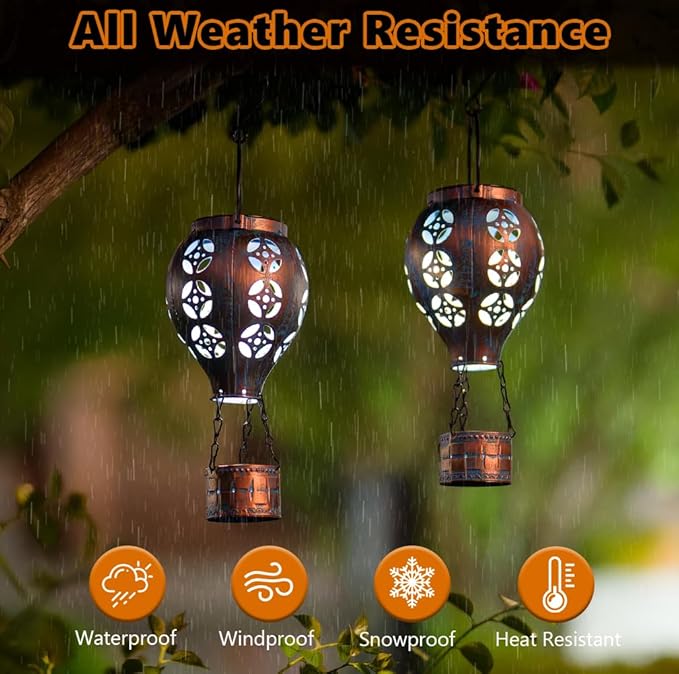 Hot Air Balloon Solar Lantern for Garden Decor,2 Pack Matal Hanging Lantern,Outdoor Metal LED Solar Lights for Yard Patriotic Trees Decor