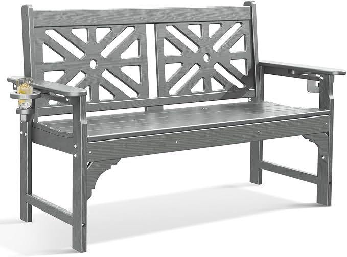 nalone Outdoor Bench with Cup Holders, HDPE All Weather Porch Bench Load up to 800 Lbs, 2-Person Garden Benches Rot-Proof Fade Proof for Patio, Porch, and Park (Grey)