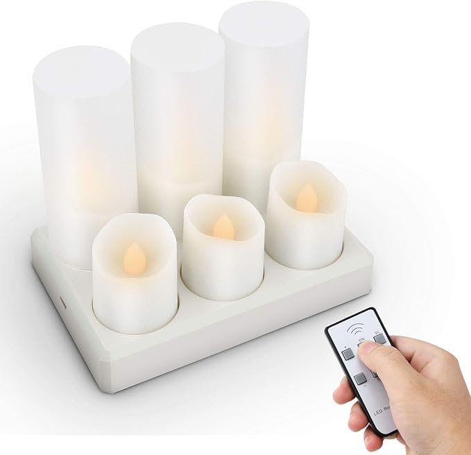 Rechargeable Tea Lights LED Flameless Christmas Candles, Set of 6 Electric Votive Tealights Flickering Candle with Remote Timer and Charging Holder for Home Centerpiece Party Holiday Decorations