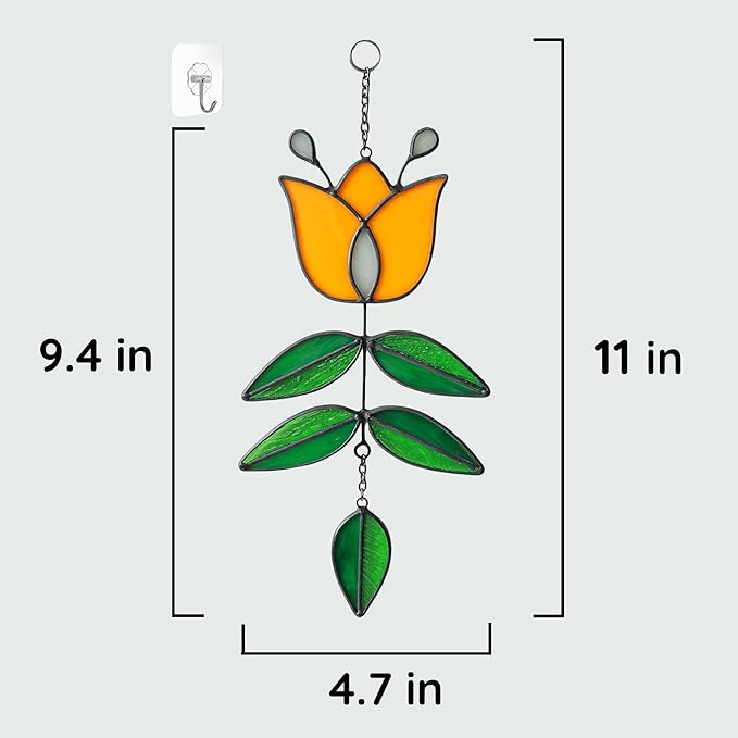 Tulip Stained Glass Suncatcher, Valentines Day Gifts, Folk Flower Stained Glass Window Hanging Sun Catcher, Retro Home Decor, Window Decorations for Plant Lovers, 9.4" x 4.7"