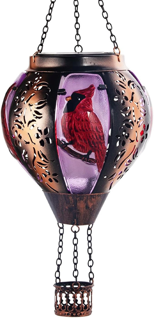 pearlstar Hot Air Balloon Solar Lantern with Flickering Flame Light Outdoor Solar Hanging Lights Waterproof for Garden Yard Farmhouse Patio Pathway Christmas Decoration,Glass&Metel(Cardinal)