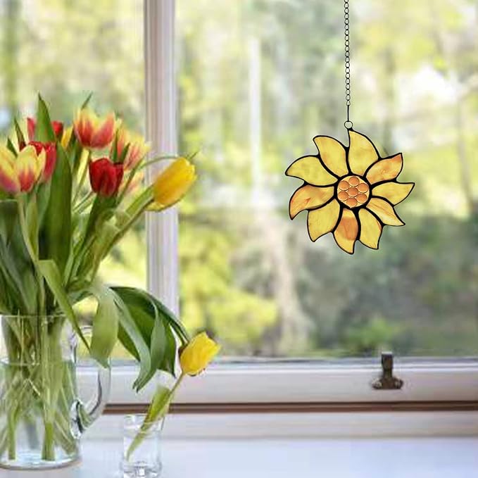 BOXCASA Farmhouse Summer Sunflower Stained Glass Window Hangings,Sunflower Lover Gifts for Women,Best Thank You Teacher Gift,Handmade Sunflower Art Decorations Gift for Mom Grandma Nana Aunt