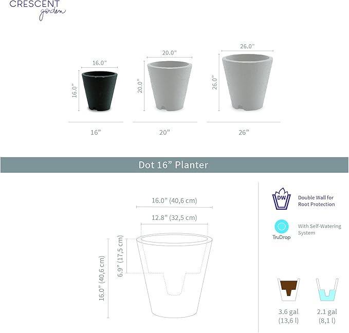 Crescent Garden Dot TruDrop Indoor/Outdoor Planter, Self-Watering Plant Pot, 16 Inches, (Mocha)