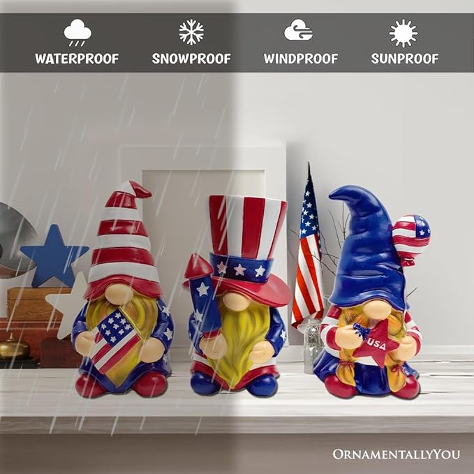 Spring & Summer-Themed Garden Statues – Adorable Outdoor Decor for Lawn, Patio & Porch (Patriotic Gnome Trio Figurines, 6" Set of Three Garden Statues and July 4th Decoration)