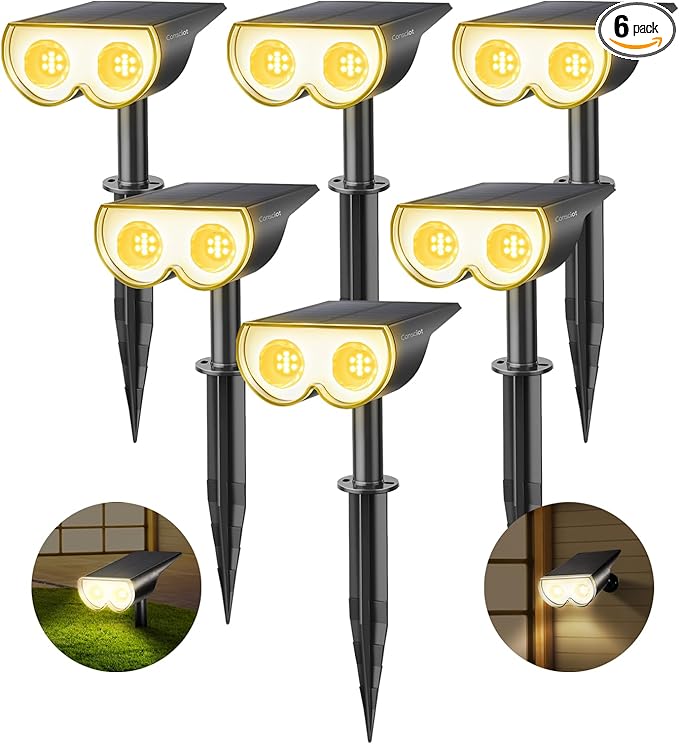 Solar Spot Lights Outdoor, Consciot 16 LEDs IP67 Waterproof Solar Outdoor Lights, Auto On/Off Solar Landscape Spotlights, 2-in-1 Adjustable Wall Lights for Garden Yard Pathway, 6 Pack (Warm White)