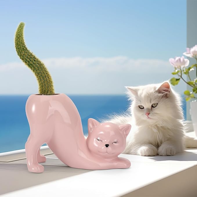 TOIVO Cat Planter Pot，Indoor and Outdoor Plant Displays，Funny Ceramics Cat Flower Pot，Cat Gifts for Cat Lovers，Lovely Office Desk Room Home Decor (Pink, Small)