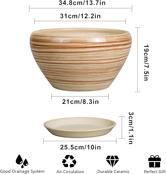 Ceramic Pot for Plants - 13 Inch Planter for Outdoor Plants Indoor Plant Pot with Drainage Hole and Saucer Large Planter Round Flower Pot for House Patio Garden Decor Yellow