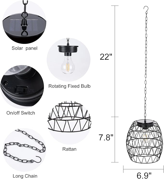 Larekook Outdoor Solar Hanging Lantern,Outdoor Indoor Pendant Chandelier Waterproof Lamp Decorative Solar Powered Hanging Lamp for Front Door Garden Gazebo Porch Patio
