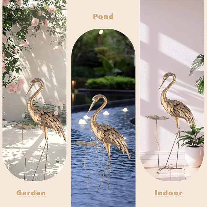 42'' Heron Garden Statue for Outside, Crane Outdoor Statue & Sculpture with Lotus Leaf, Metal Heron Yard Art Decor for Garden, Yard, Lawn, Pond (Gold & Blue)