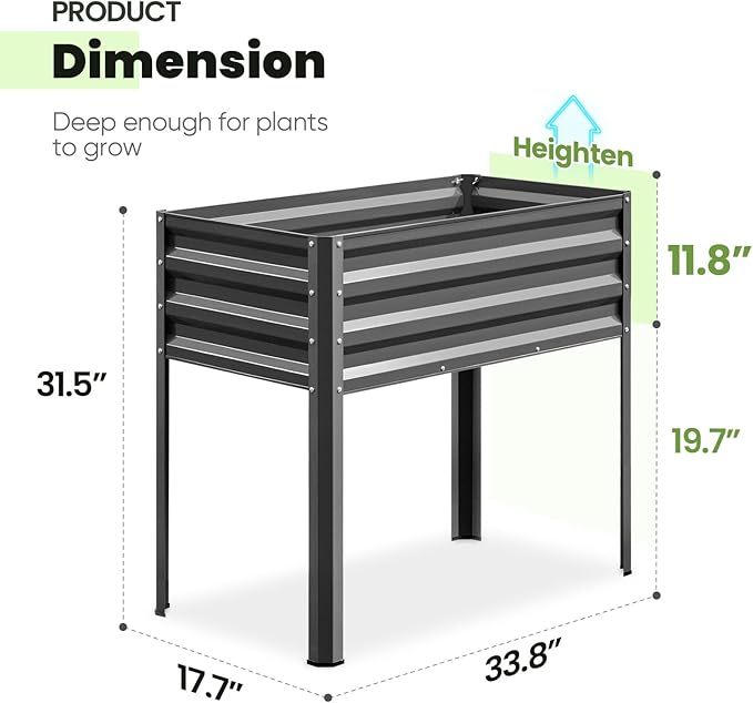 KING BIRD Raised Garden Bed with Legs Galvanized Elevated Planter Box for Backyard, Patio, Balcony, 33.9x17.7x31.5in, Dark Grey