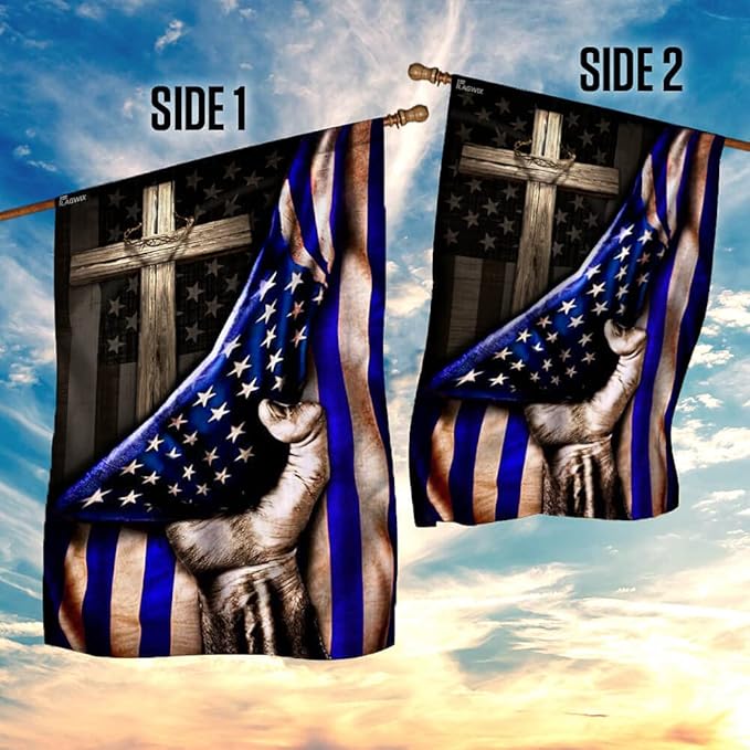 FLAGWIX The Thin Blue Line Christian Cross, America US Flag - 4th of July Decorations for Home, Garden, House Flag (29.5" x 39.5") - USA House Garden Flags Premium Polyester, Decorative Outdoor Flags