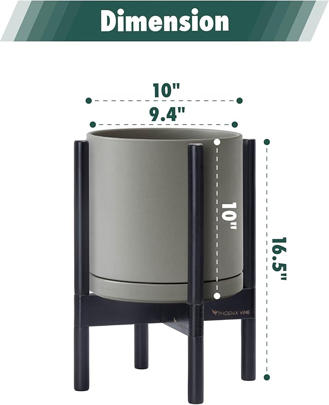 D'vine Dev Ceramic Planter with Ebony Stand - 10 Inch Modern Round Flower Pot with Wood Planter Holder, Grey, 55-B-L-3