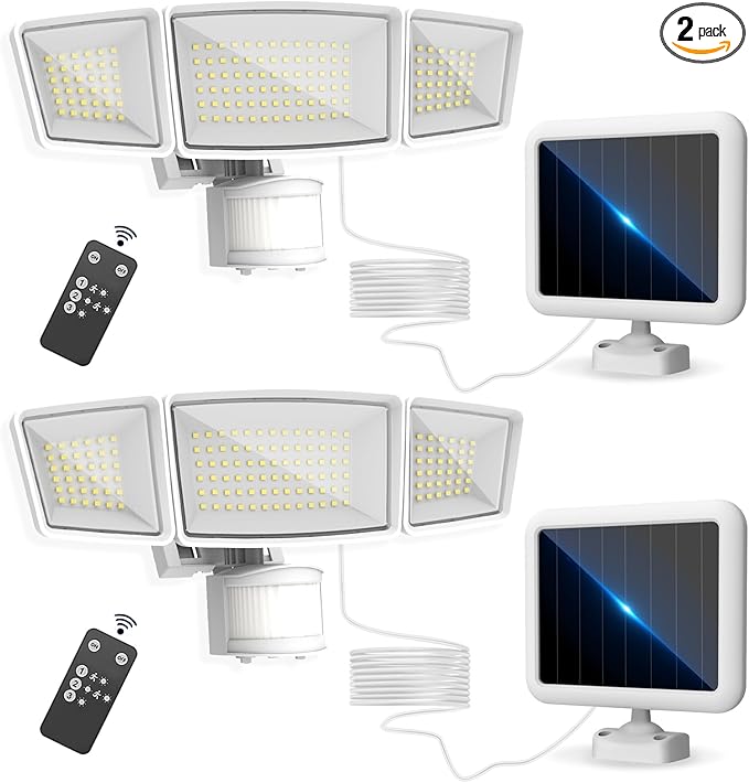 Energetic Solar Outdoor Lights, 1800LM 192 LED Security Motion Sensor Outdoor Lights with Remote Control, IP65 Waterproof Floodlight, 3 Head Motion Detected Spotlight for Garage, Pack of 2 (White)