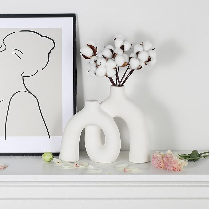 CEMABT Modern Nordic Boho Vase Set - Elegant White Matte Ceramic Home Decor for Living Room, Bookshelf, Mantel, Entryway Table & Console Décor | Shelf Decorations Gift