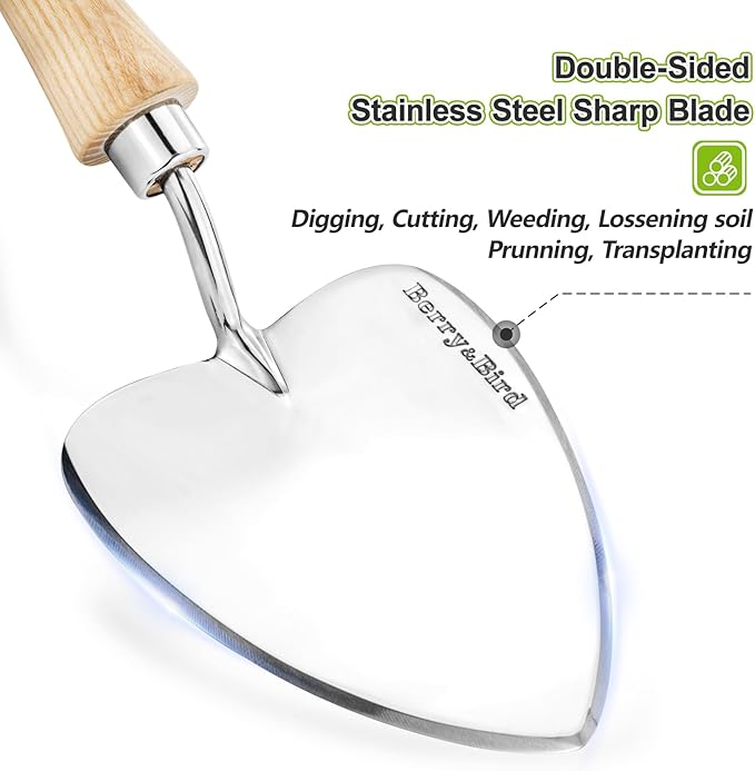 Berry&Bird Perennial Trowel, Oversized Garden Potting Trowel with Sharp Blade Wood Hand Shovel, Stainless Steel Planting Trowel Gardening Tool for Roots,Planting,Digging,Transplanting and Cutting