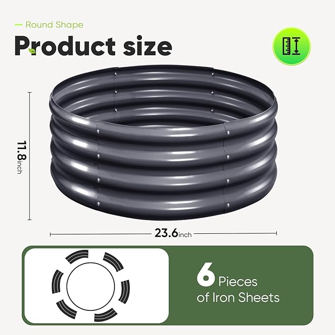 KING BIRD Raised Garden Bed Galvanized Round Planter Box Outdoor for Gardening, Plants, Vegetables, Flowers, Dark Grey, 24x24x12 in 2 Packs