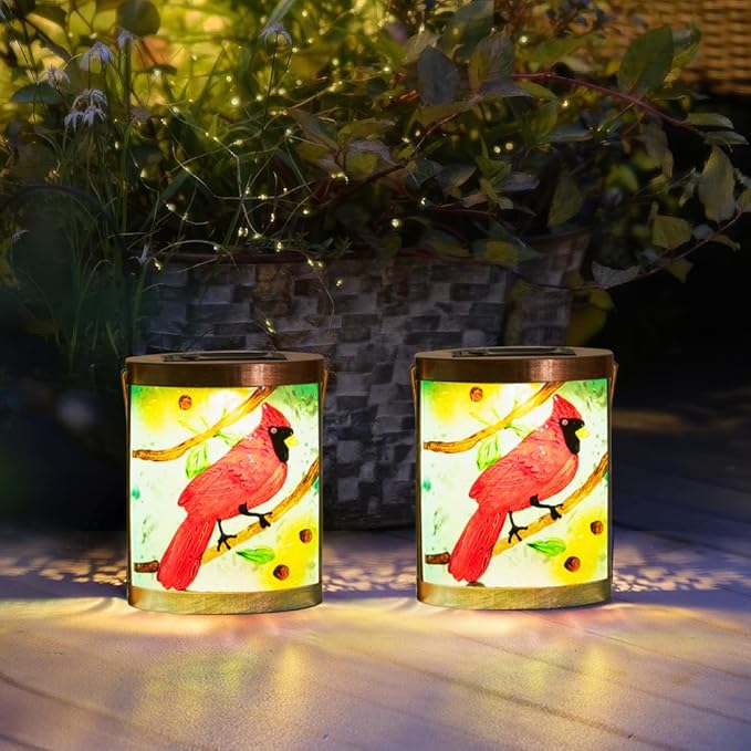 Starsoul 2 Pack Hanging Solar Lantern Outdoor Waterproof Glass Red Cardinal Decorative Solar Lights for Outside Garden Yard Table Patio Decor Cardinal Gifts