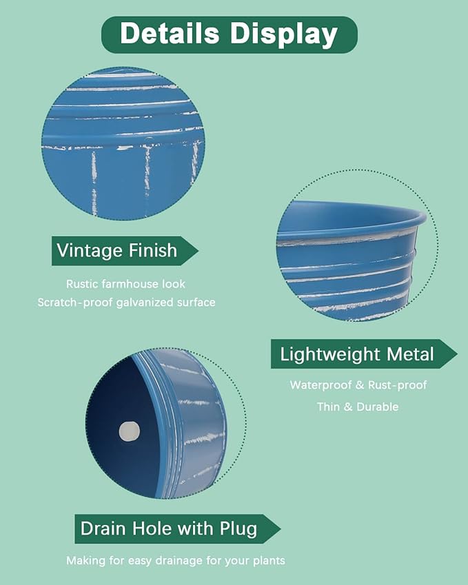 vensovo 4 Inches Blue Metal Rustic Flower Pots - 6 Pcs Small Galvanized Planters with Drainage Hole and Rubber Plug, Rustproof Tin Bucket Plant Pot Farmhouse Vintage Style for Decor