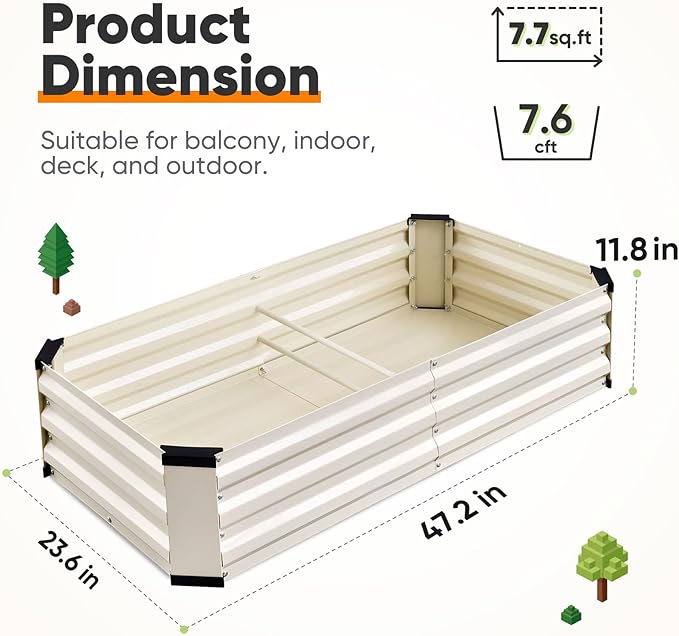 KING BIRD Raised Garden Bed Kit with Bottom 2025 Upgraded Galvanized Planter Garden Box Outdoor & Indoor for Gardening, Vegetables, Flowers, Beige, 47.2x23.6x11.8 in