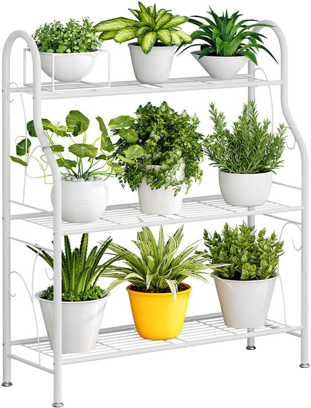 SORCEDAS Plant Stand Indoor Outdoor Plant Shelf 3 Tier Metal Corner Flower Stand Multiple Holder for Patio Garden Balcony Living Room, White