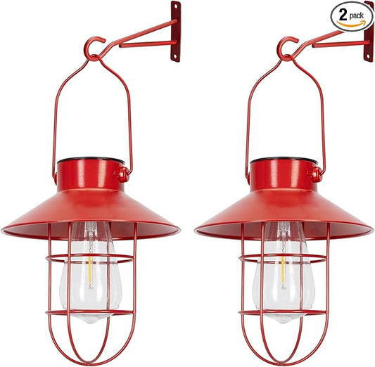pearlstar Solar Lanterns Outdoor Christmas Metal Solar Powered Hanging Lights Waterproof for Wall Barn Yard Garden Patio Garage Balcony Porch Fence Decor, Warm White Edison Bulb (Red-2pack)