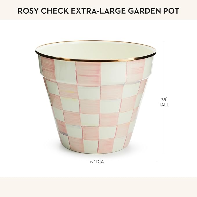 MACKENZIE-CHILDS Enamel Garden Pot, Decorative Pot for Plants, Outdoor Flowerpot Decor, Extra Large, Pink-and-White Rosy Check