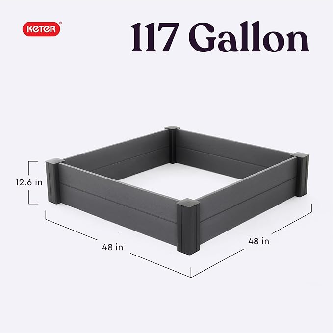 Keter 48" X 48" inches Wood Look Raised Garden Bed, Durable Outdoor Herb Garden Planter for Vegetables, Flowers, and Succulents, Grey