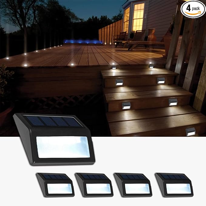 Solar Lights Outdoor, Waterproof Solar Powered Deck Step Lights for Patio Garden Backyard Garage Driveway Pathway Outside Wall Lighting (Cool White/4 Pack)