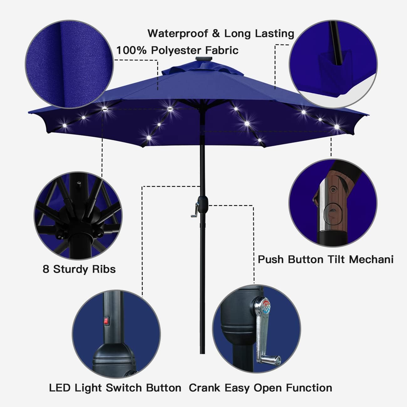 Sunnyglade 9' Solar LED Lighted Patio Umbrella with 8 Ribs/Tilt Adjustment and Crank Lift System (Navy Blue)