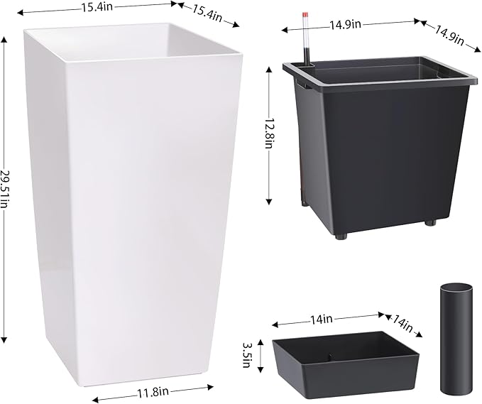 30" Tall Planters Set of 2, Outdoor＆Indoor Black Planter Pots, High Front Porch Planter Pots with Drainage Holes＆Water Level Monitor Movable Wheels ＆Inner Bucket, Automatic Watering, White