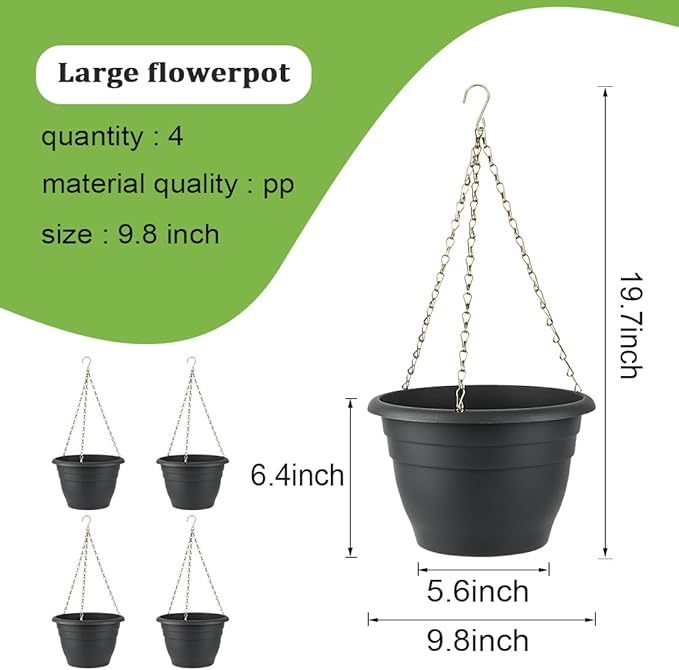 Hanging Planters 10 Inch, 4 Pcs Flower Pots with Drainage Hole, Self Watering Hanging Basket for Indoor Outdoor Plants, Decor, Gray