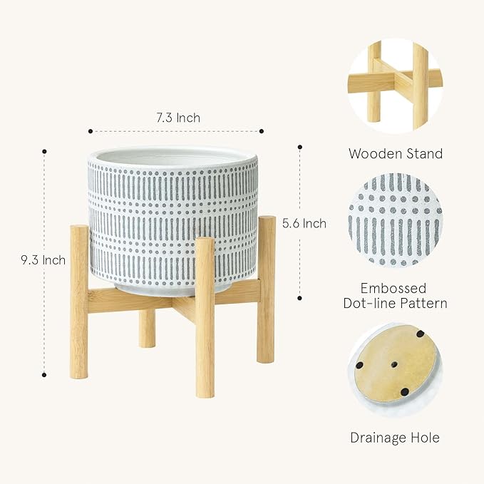 LA JOLIE MUSE Ceramic Plant Pot with Wood Stand - 7.3 Inch Modern Round Decorative Flower Pot Indoor with Wood Planter Holder, Slate Blue and White