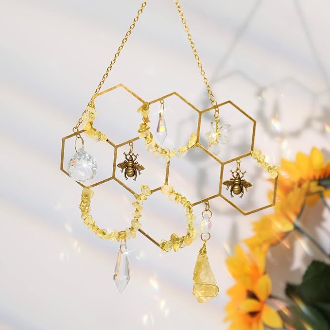 Tuitessine Crystals Suncatcher Window Hanging Bumble Bee Decor Honeycomb Light with Crystal Glass Prisms Hive for Home Indoor Outdoor Catcher Garden Ornament Christmas Birthday Gift Ideas