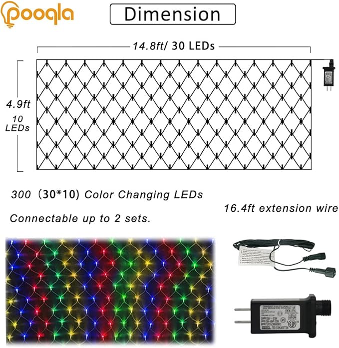 Pooqla Net Lights, 300LED Christmas Outdoor Mesh Light, 14.8x4.9 ft Fairy String 8 Modes Green Wire, Connectable Waterproof Decorative for Bushes Tree Garden Halloween, Colorful