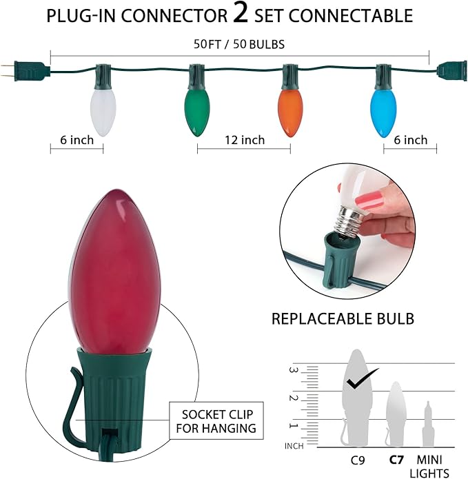Multicolor C9 Christmas Lights Ceramic, C9 50ft Vintage Incandescent String Lights with Opaque Bulbs for Christmas Tree Patio Roofline Outdoor Indoor Holiday Xmas Decorations, 50 Bulbs with 2 Spare