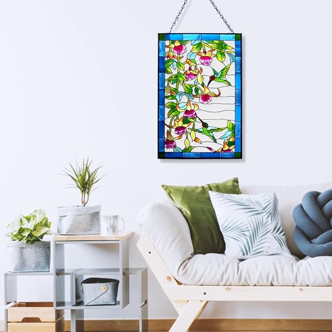 VEWOGARDEN Hummingbird Stained Glass Window Hangings, Bird Suncatcher Panel with Metal Chain for Windows Decor Indoor Outdoor (W10xH15 inch)