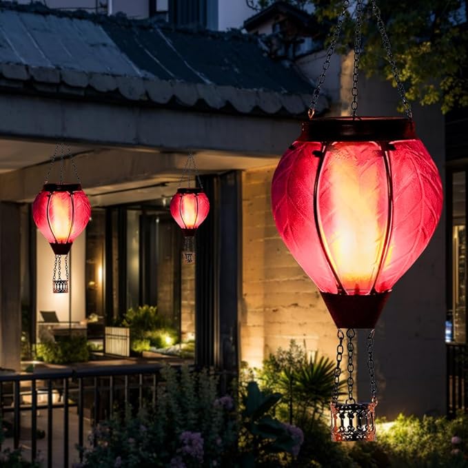 Starsoul Purple Hot Air Balloon Solar Lantern with Flickering Flame Light Glass Solar Powered Hot Air Balloon Lamp Waterproof Hanging Hot Air Balloon Led Lights