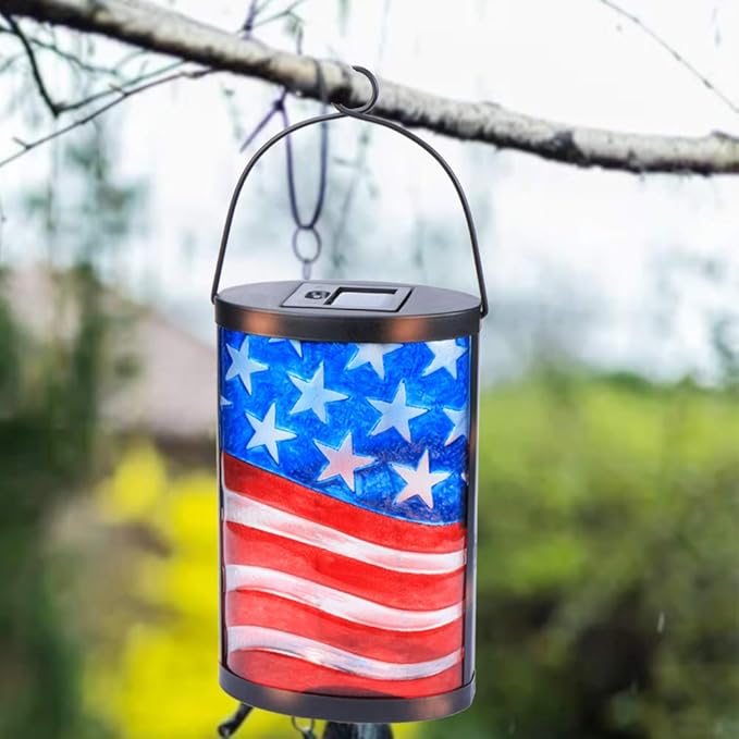 Hanging Solar Lantern Outdoor Decorative Waterproof LED Solar American Flag Lights Tabletop Lamp for Outdoor Patio Garden