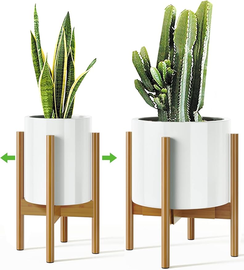 MUDEELA Adjustable Plant Stand Indoor, Bamboo Plant Stand 8 to 12 Inches, Single Floor Plant Stand for Indoor Plants, Bamboo Light Brown Planter Stand for Indoor Plants, Pot Plant Not Included