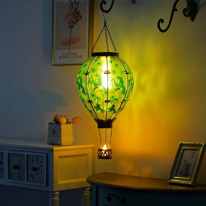 Starsoul Extra Large Solar Hot Air Balloon Lantern with Flame Hummingbird Glass Outdoor Hanging Hot Air Balloon Solar Light Waterproof Garden Patio Yard Party Decorations