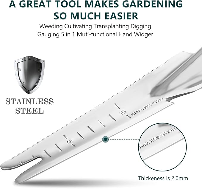 Berry&Bird Garden Hand Weeding Trowel, Stainless Steel Weeder Tool for Gardening with Wooden Handle, Multifunctional Manual Weed Puller & Digging Knife for Planting Transplanting Cutting Measuring