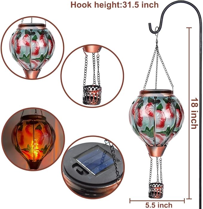 2PCS Solar Hot Air Balloon Flickering Flame Hanging Garden Light with Shepherd's Hooks, Waterproof Glass Outdoor Lantern for Yard Patio, Mother's Day Gift, 18" H Hummingbird & Flower