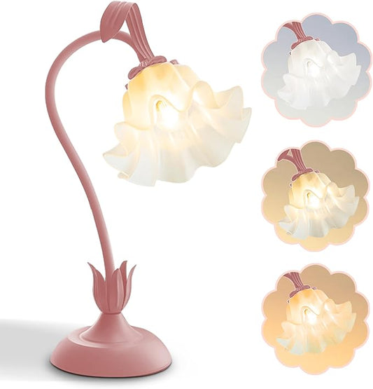 Flower Table Lamp,LED Reading Light Bedside Vintage Flower Night Light,3 Colors Modes Kawaii Bedside Lamps Decor,Living Room Bedroom Room Lighting Table Lamps Home Decoration (Pink)