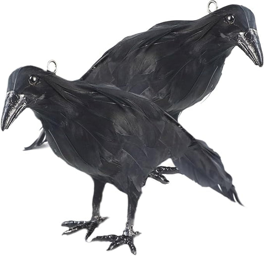 Hanging Dead Crows, 13 Inches Life-Size Raven, Realistic Handmade Fake Decoy for Garden Christmas Halloween Decorations [Face Up+Face Down+Stand] 2PC